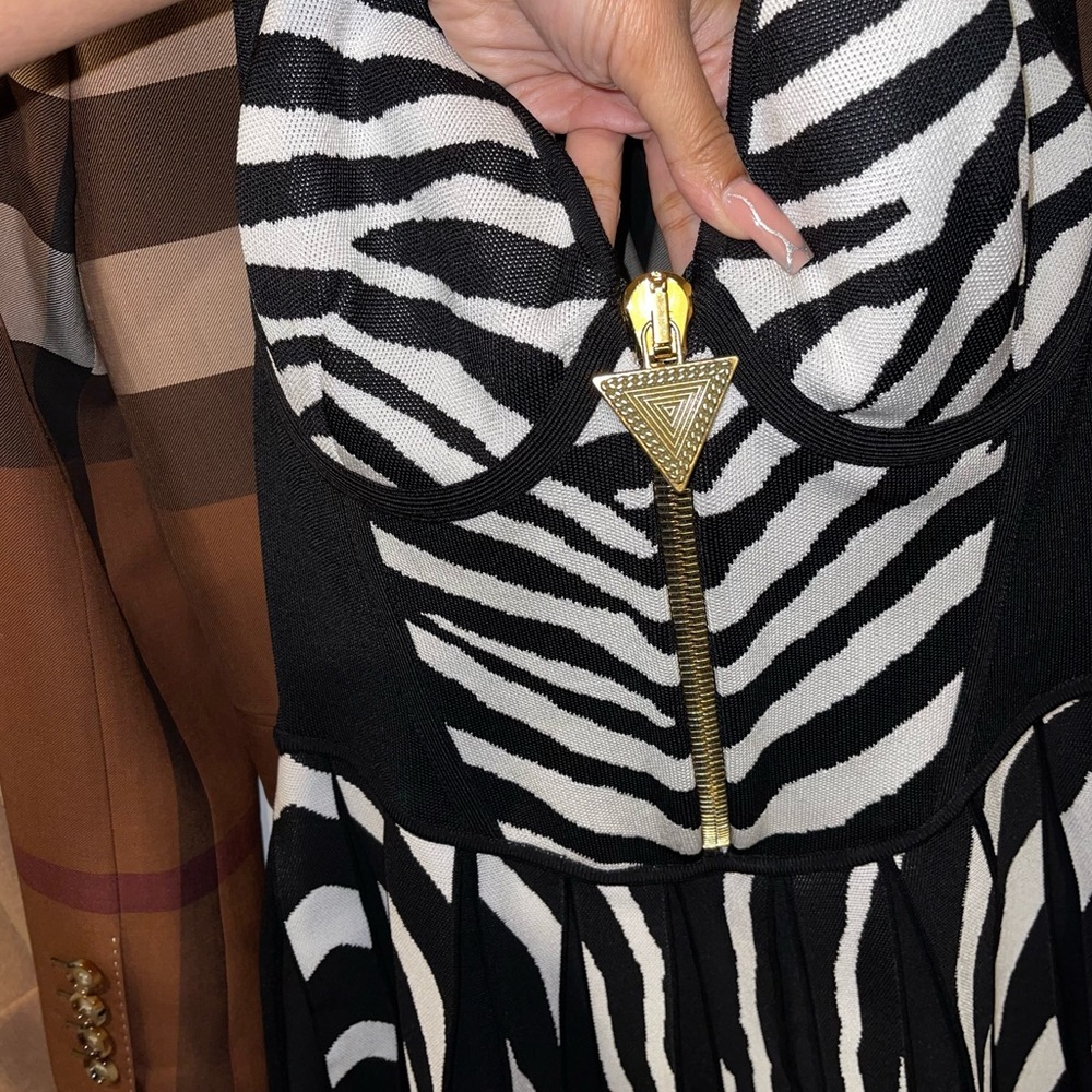 Balmain Zebra Jacquard Zip Embellished Ribbed Knit Halter Gold Button Mini Dress - Picture 9 of 17